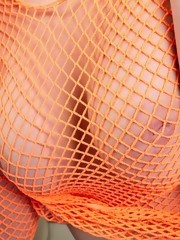 Darina's orange mesh see-through shirt