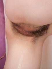 Miki washes her sexy hairy body
